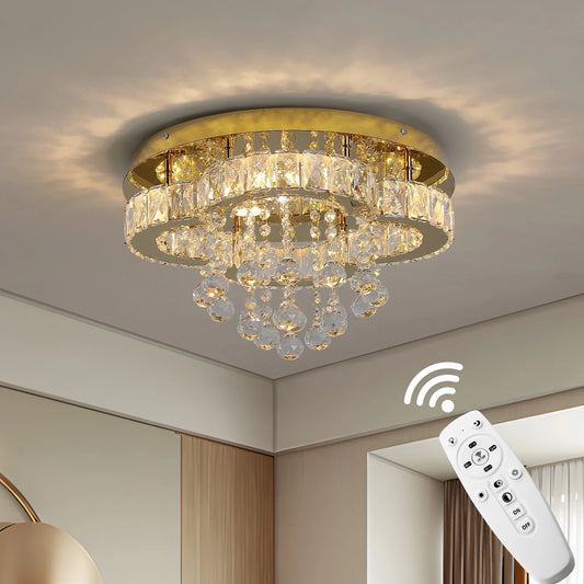 HOT SALE Villa Home Living Room Luxury Crystal Golden Stainless Steel Base LED Dimmable Crystal Ceiling Light Lamp for Apartment Bedroom Chandelier Remote Switch Control Home Lighting Supplies