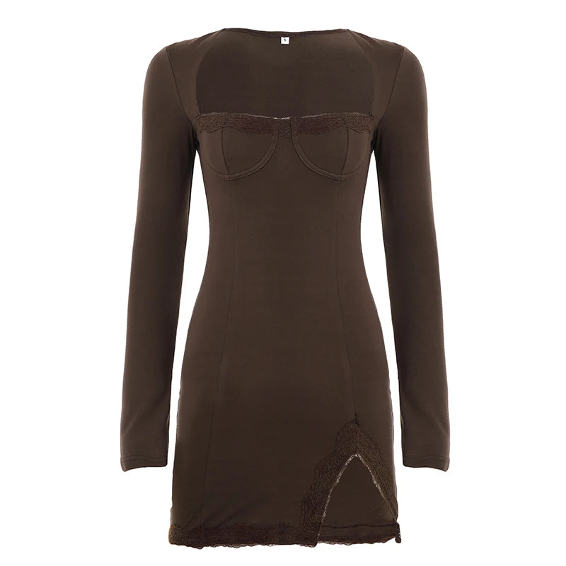 NEW Arrivals Sexy Lace Trim Slit Hem Long Sleeve Bodycon Dress With Panel Bust Sweetheart Neck Tummy Control Fitted Mini Solid Color Girls Night Clubwear Evening Party Dress Women Sexy Clothing Supplies