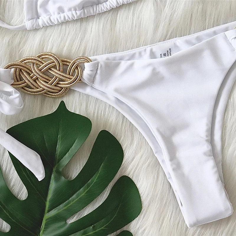NEW Arrivals 2PCS Set  5 Colors Sexy Patchwork Halter Knitted Bikini Women Swimwear Female Swimsuit Bikini Set Brazilian Bather Bathing Suit Ladies Swimming Pool Luxury Beach Wear