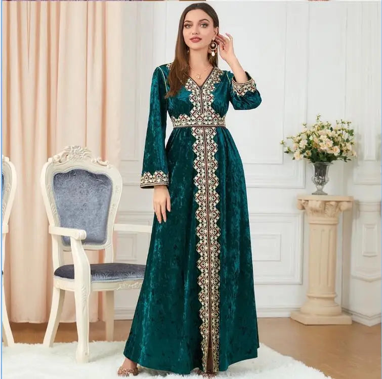 Autumn and Winter Religious Women's Muslim Long Sleeve V-Neck Embroidery Solid Maxi Standard Loose Formal Dresses