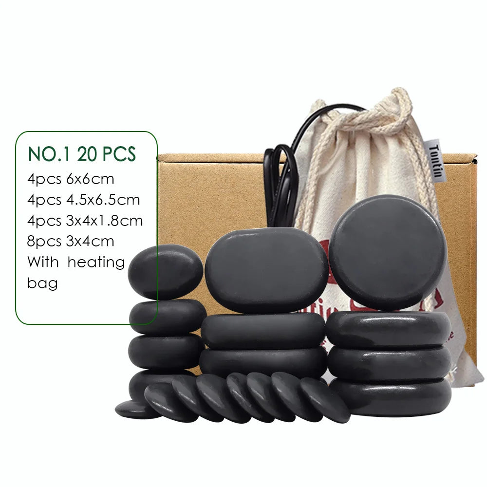 NEW 20PCS Set Korean Professional Hot Stone Massage Set Heater Box Relieve Stress Back Pain Health Care Lava Basalt Round Massage Tool Full Body Pain Relief Treatment Healing Heating Stones