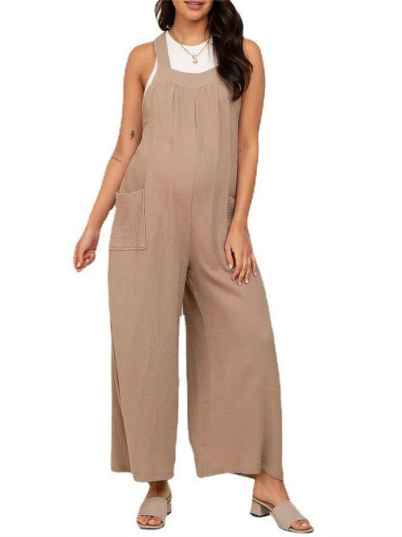 Blue/Black/Khaki Color Women's Casual Maternity Clothing Loose Sleeveless Straps Wide Leg Jumpsuits Pockets for Pregnant Women Overalls for Comfortable Outfits Female Pregnancy Clothing Supplies