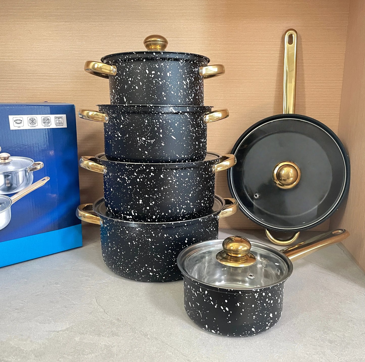 12 PCS Set Stone Top Quality African Stainless Steel Cookware Set Wheat Stone Casserole Collection of Soup and Frying Pots Home Hotels Restaurants Kitchenware Supplies