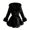 5 Colors UK (6-20) Large Size  Women's Streetwear Thick Plain Dyed Woven Single Breasted Faux Fur Trim Hooded Belted Winter Trench Coat Winter Warm Autumn Apparel Clothing Supplies