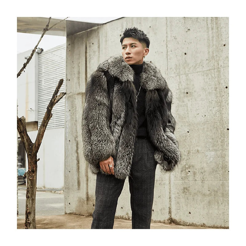 BEST PRICE White/Black Color M-3XL Plus Size Men's New Trendy Male Real Silver Fox Fur Lapel Design Coats Silver Fox Fluffy Furry Fur Coat Fur Jacket Gentleman Luxury Apparel Supplies