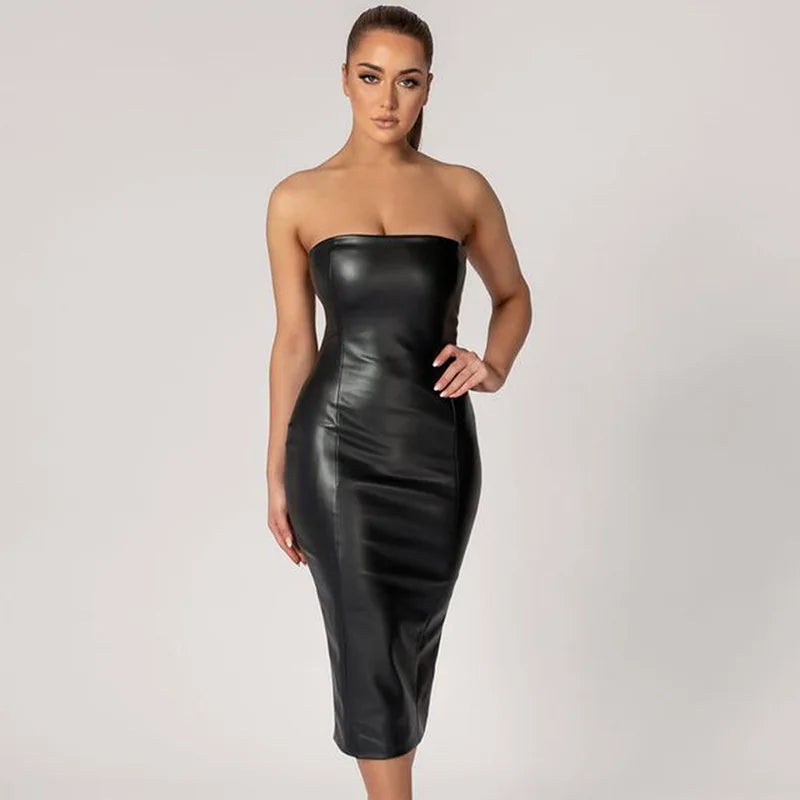 4 Colors New  Fashion Women's Elegant Strapless Zipper Sexy PU Leather Formal Midi Dresses for Ladies Evening Cocktail Party Night Clubwear Leather Gowns Women Sexy Apparel Supplies