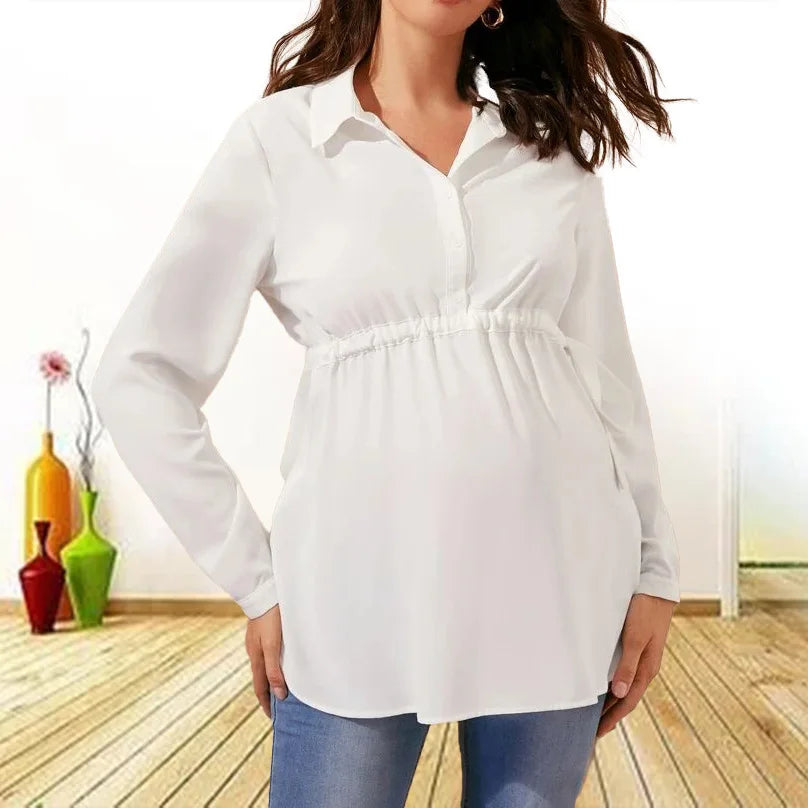 S-2XL Black/White Solid Color Pregnant Women V-Neck Long Sleeve Knitted Breathable Loose Fit Maternity Blouse Fashion Top Female Pregnancy Apparel Clothing Supplies