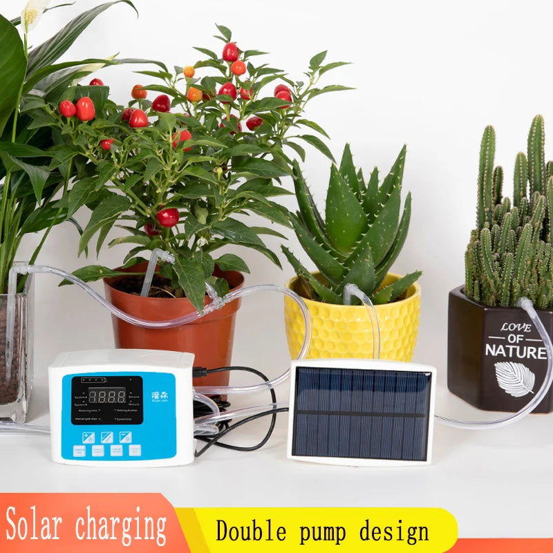 NEW Arrivals Garden Drip Irrigation Device Double Pump Controller Timer System, Solar Energy Intelligent Automatic Watering Device for Plants Trees Flowers Garden Watering Accessories