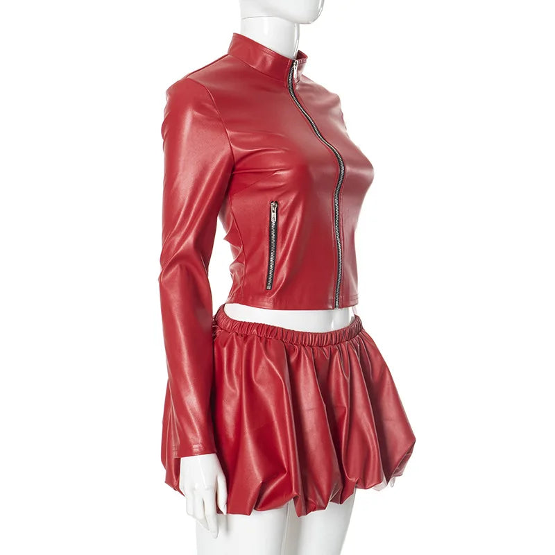 2 PCS Set New Autumn Spring Fashion Women's Long Sleeve Zipper Crop Jacket Mini Puffer Skirt PU Leather Women Sexy Short Skirt Evening Rave Party Night Clubwear Women Sexy Clothing Supplies
