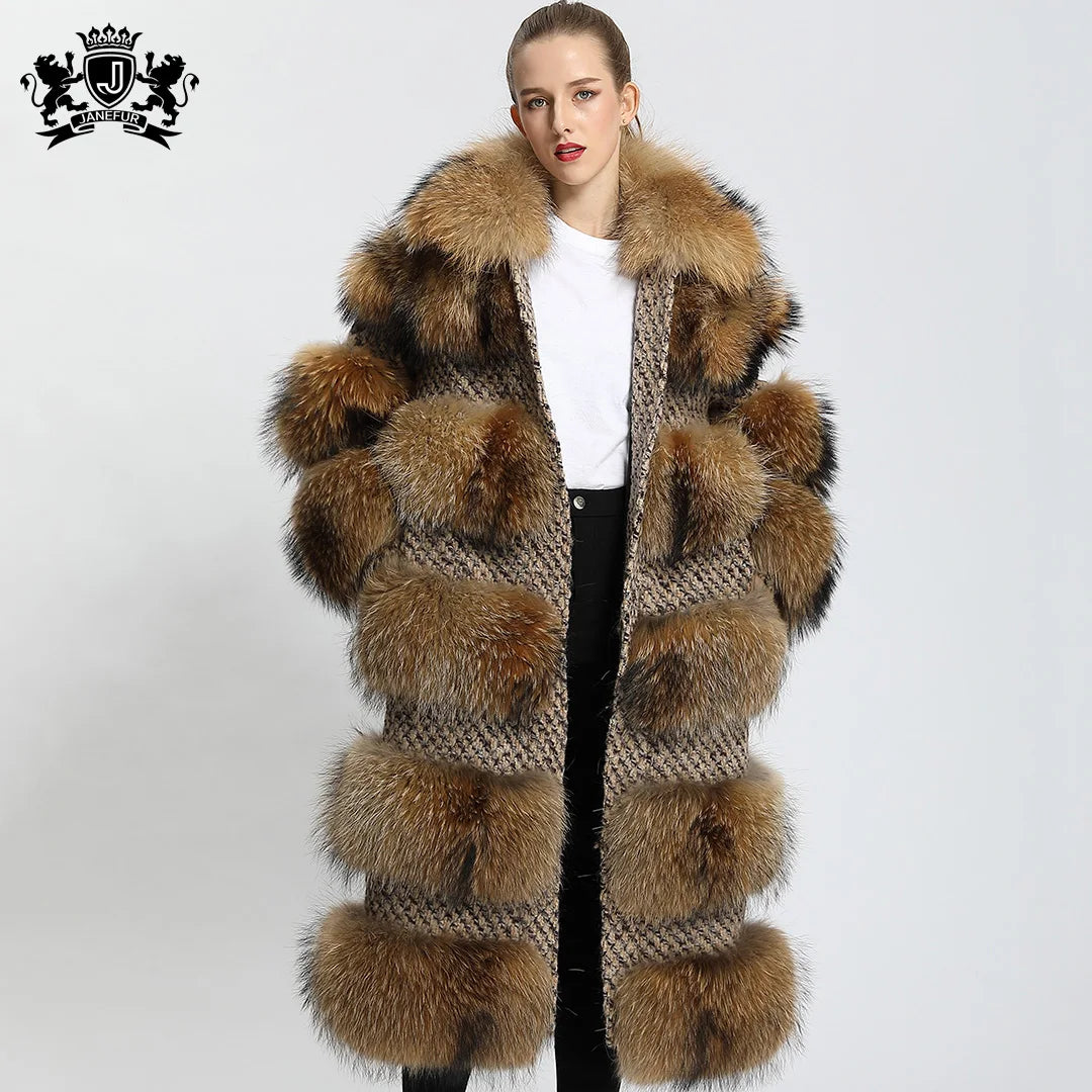 100% Natural Raccoon Fur 4 Colors Women's Winter Long Jacket Style Real Raccoon Fur Coat Plush Fashion Design Long Outerwear Fur Coat Evening Business Party Prom Celebrity Ladies Luxury Apparel Supplies