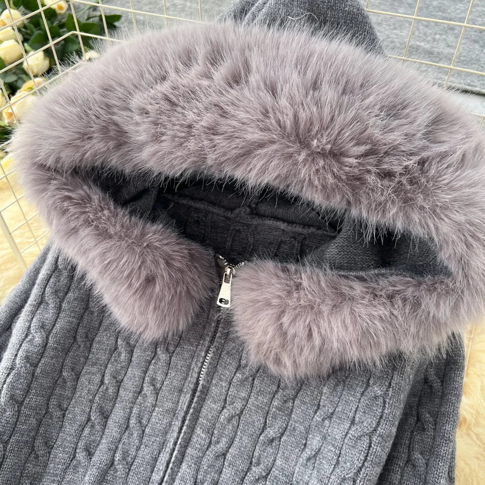 2 PCS Set Apricot/Gray Color Women's Sweat Suits Furry Trim Cropped Hooded Knit Top and Wide-Leg Sweater Pants Set Autumn Winter Warm Outdoor Sport Activities Home Loungewear Ladies Clothing Supplies