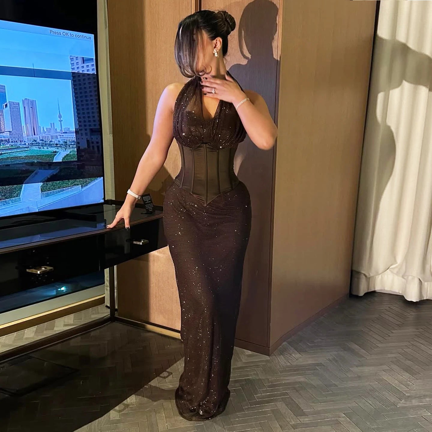 Women's See Through Halter Neck Backless Sexy Maxi Dress, Fishbone Corset Waist Sparkly Sheath Evening Party Gown Night Clubwear Ladies Sexy Clothing Supplies