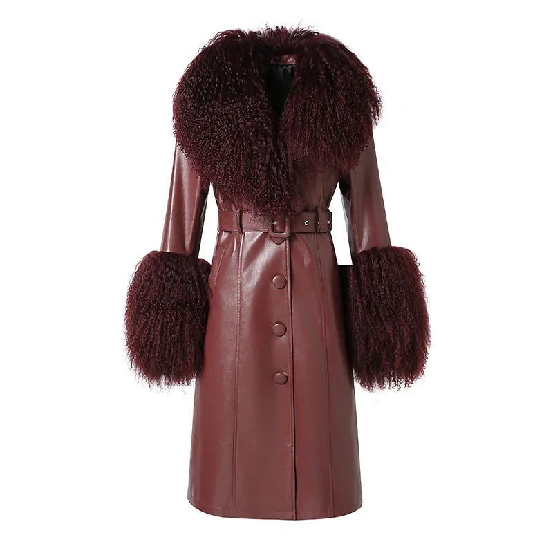 Boutique Gala HOT SALE (Few Units Left)  Real Leather Fur Jacket Black/Gray/Brown/Wine Red Color S-2XL Women Genuine Leather Trench Coat with Detachable Mongolian Natural Raccoon Fur Collar Cuffs Winter Outfits Ladies Luxury