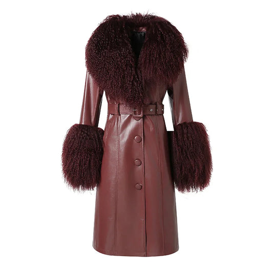 Boutique Gala HOT SALE (Few Units Left)  Real Leather Fur Jacket Black/Gray/Brown/Wine Red Color S-2XL Women Genuine Leather Trench Coat with Detachable Mongolian Natural Raccoon Fur Collar Cuffs Winter Outfits Ladies Luxury