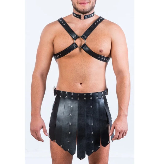 Fetish Men Gay PU Leather Body Sex Harness Gothic Punk Adjustable Rave Costumes Indian Straw Skirt For BDSM Bondage Clubwear