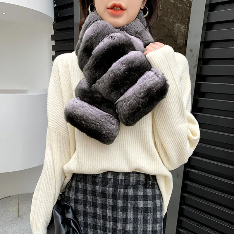 NEW Fashion Women's Winter Warm Natural Rex Rabbit Real Chinchilla Fur Short Scarf Chinchilla Ladies Luxury Apparel Accessories