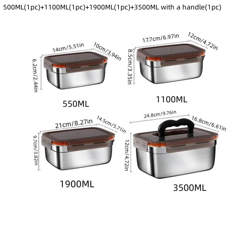4 PCS Set 550/1100/190/3500ml  Stainless Steel Food Storage Box With Transparent Lid Multipurpose Food Container Crisper Box for Fruit/Vegetable/Meat Storage Home Restaurants Cookware Supplies