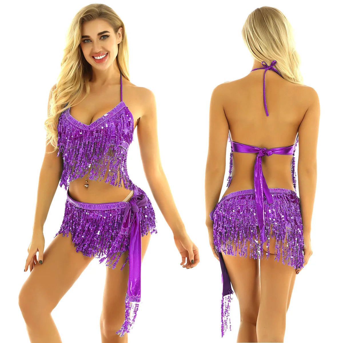 NEW Arrivals 9 Colors Women Shiny Sequins Tassels Carnival Rave Performance Belly Dance Costume Halter Bra Tops with Hip Scarf Wrap Skirt Set Ballroom Competition Dancing Dresses