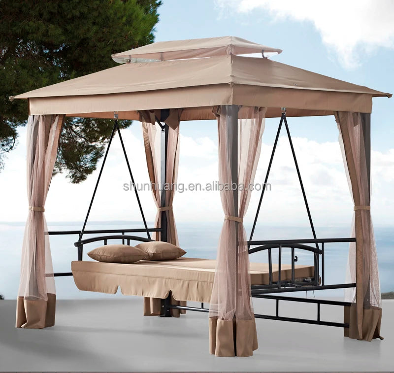 HOT SALE (Only Few Units Left) 3 Seat Adult Villa Resort Outdoor Aluminum Frame Convertible Canopy Courtyard Garden Swing Hanging Chair Modern Patio Swings Sun Lounger Luxury Furniture Supplies ( For Fast Delivery Please Cont