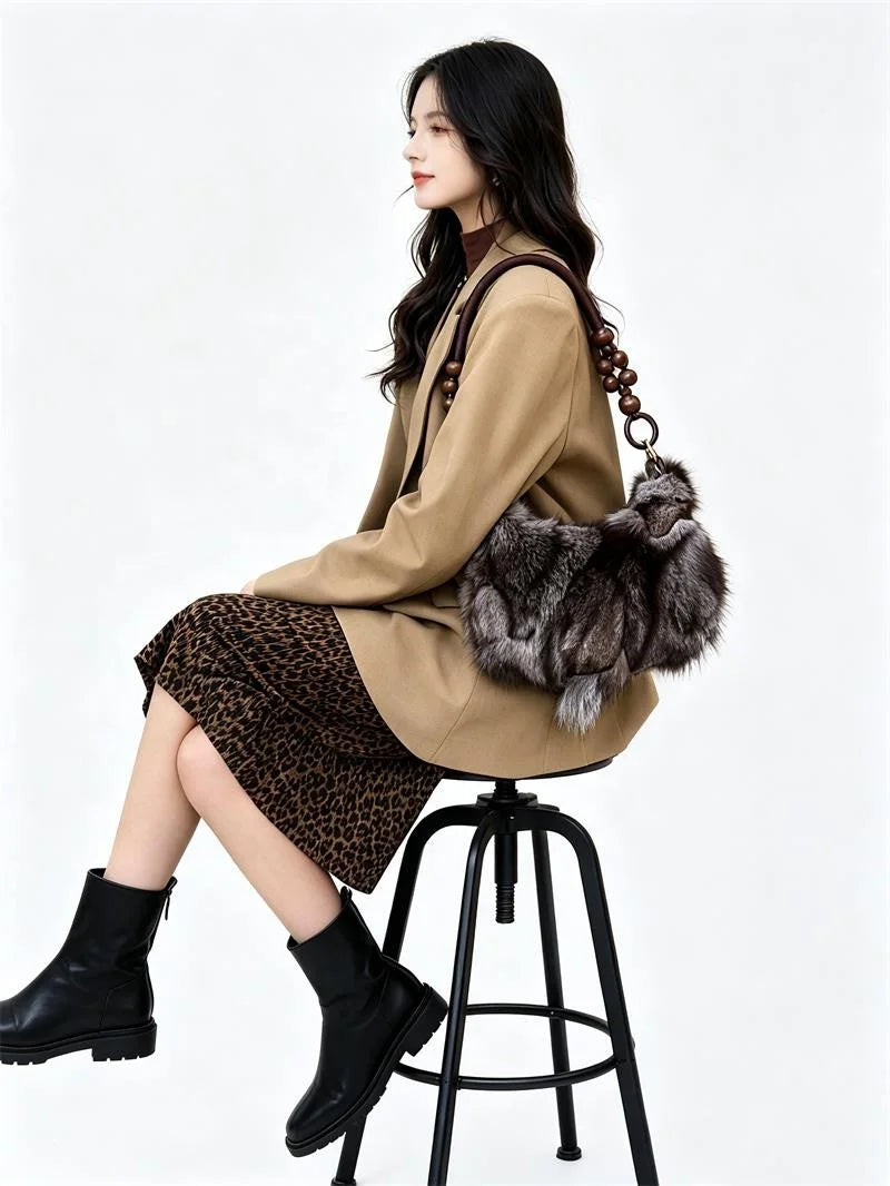 NEW Fashion Artificial Fox Fur Patchwork Underarm Bag Wooden Beaded Strap Women Fluffy Shoulder Purse Eco Faux Fur Handbag Women Apparel Accessories