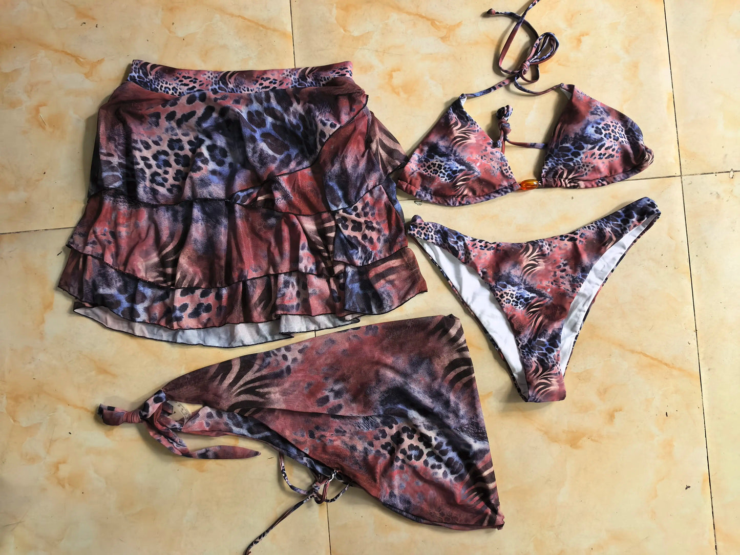 NEW Arrivals 4 PCS Set 7 Colors Animal Print Women Swimwear Triangle Top Brazilian Bikini and Cover Up Set Crop Top Ruffle Beach Skirt S-XL Women's Summer Beachwear Bathing Apparel Sets Clothing Supplies