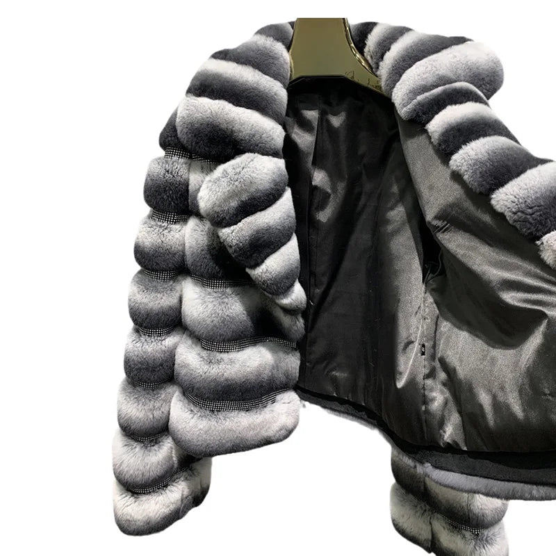 Boutique Gala HOT SALE 4 Colors S-2XL  Luxury Original Chinchilla Fur Coat Winter Real Natural Rex Rabbit Fur Outerwear Authentic Chinchilla Jacket Women Luxury Apparel Supplies.