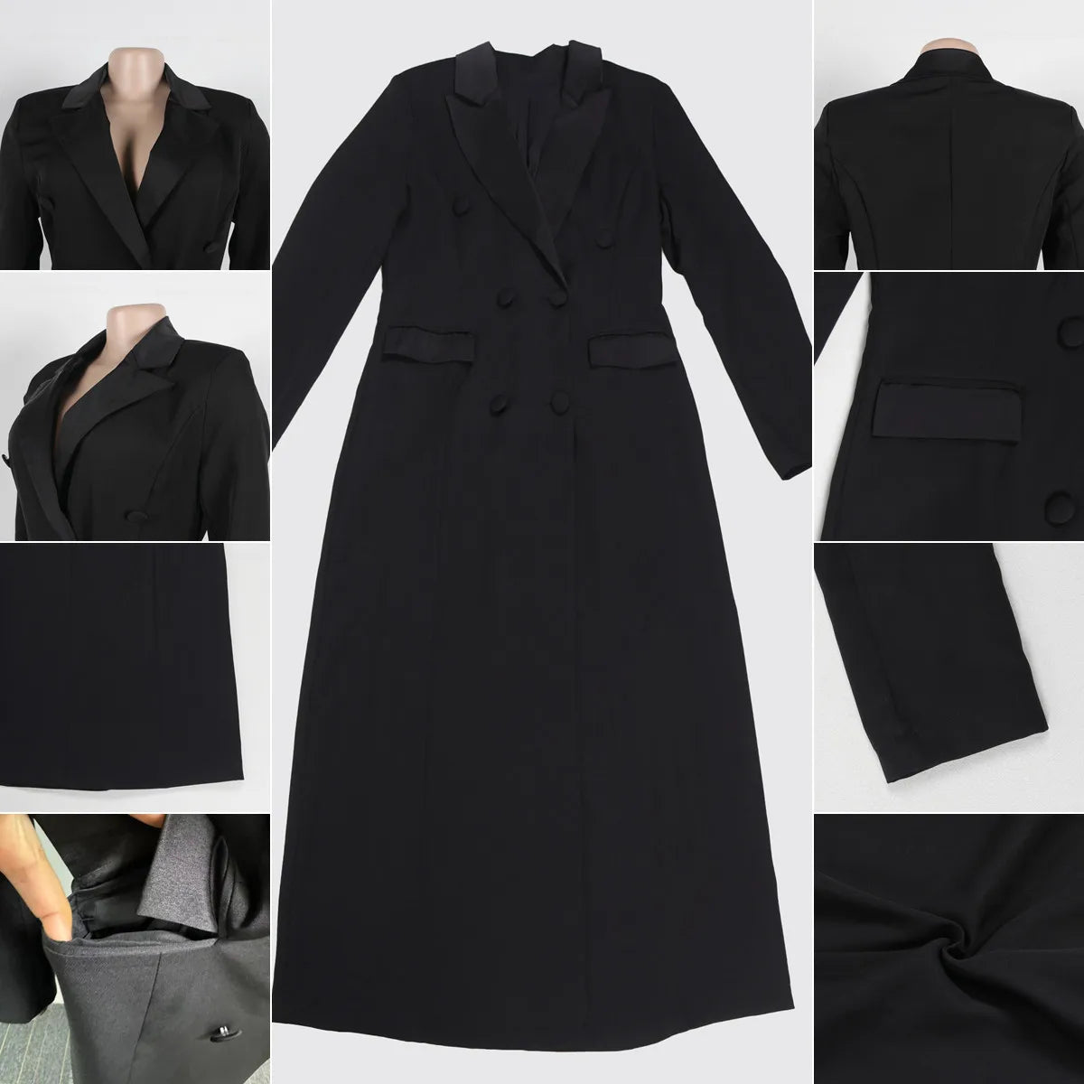 S-3XL Plus Size Black Color High Quality Long Blazer Dress Women Lady Elegant Suit Collar Slim Suits Dresses Long Coat Business Long Jacket Trench for Women