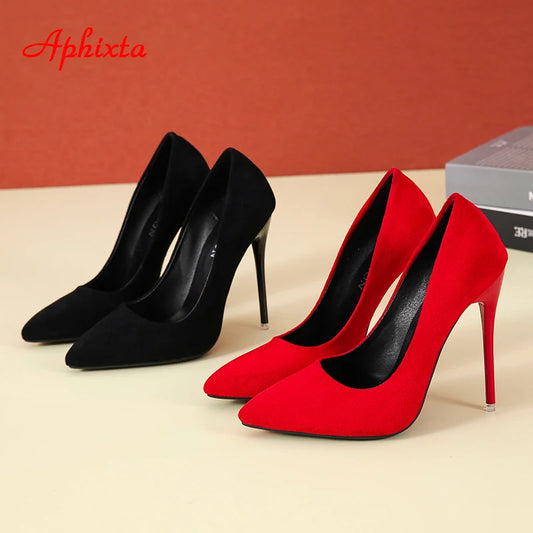12cm Super High Stiletto Heels Pumps Women Office Business Dinner Evening Party Flock Pointed Toe Thin Heel Party Shoes Woman Plus Large Size 35-45