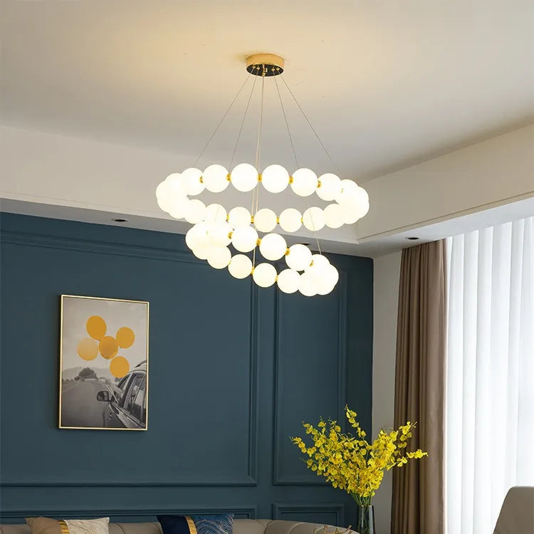 Home Living Room D23.6in French Magic Bean Acrylic Balls Chandelier Art Pearl Necklace Design Ring Pendant Lamp Living Dining Room White Light Home Lighting Supplies