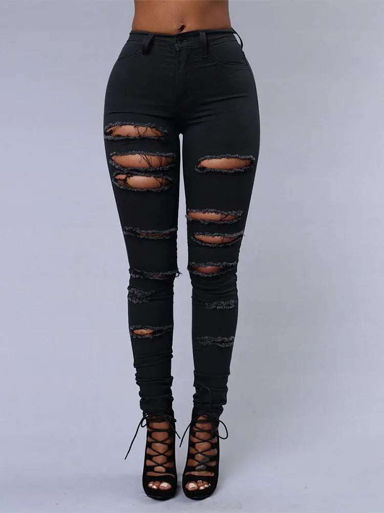 Hot Sale S-2XL Plus Size Black and White Color Ripped jeans for Women Sexy Skinny Denim Jeans Fashion Streetwear Casual Pencil Pants Girls  Spring and Summer Clothing