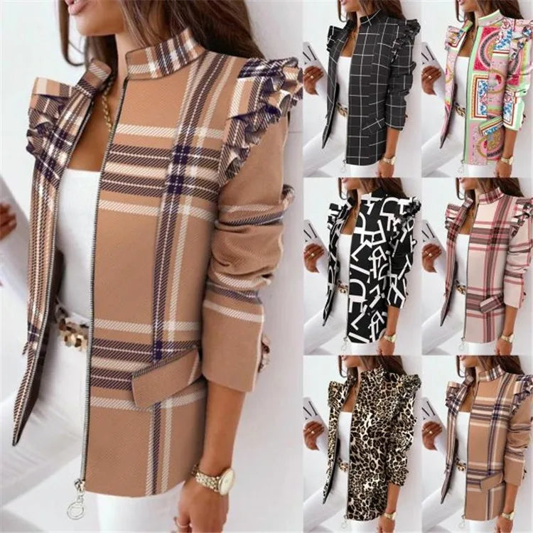 NEW Latest Fashion Design 8 Colors S-2XL Autumn Winter Spring Coats for Ladies Women  Ruffle Long Sleeve Zipper Office Lady Blazer Jackets Ladies Apparel Accessories