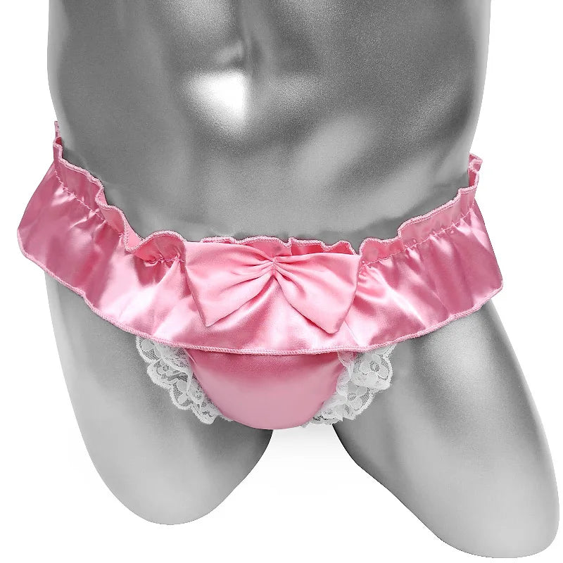 Lace Mens Jockstraps Lingerie Night Gay Male Panties Open Butt Wetlook Sexy Bowknot Sissy Satin Crotchless Underwear For Man