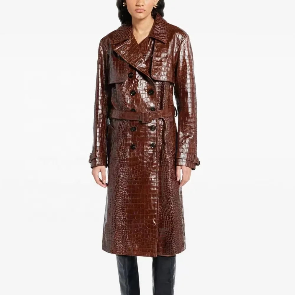 NEW Top Quality Women's Elegant Lace-Up PU Leather Windbreaker Leather Trench Coats Long Winter Outerwear Long Jackets for Night Club Prom Evening Party Ladies Luxury Apparel Supplies