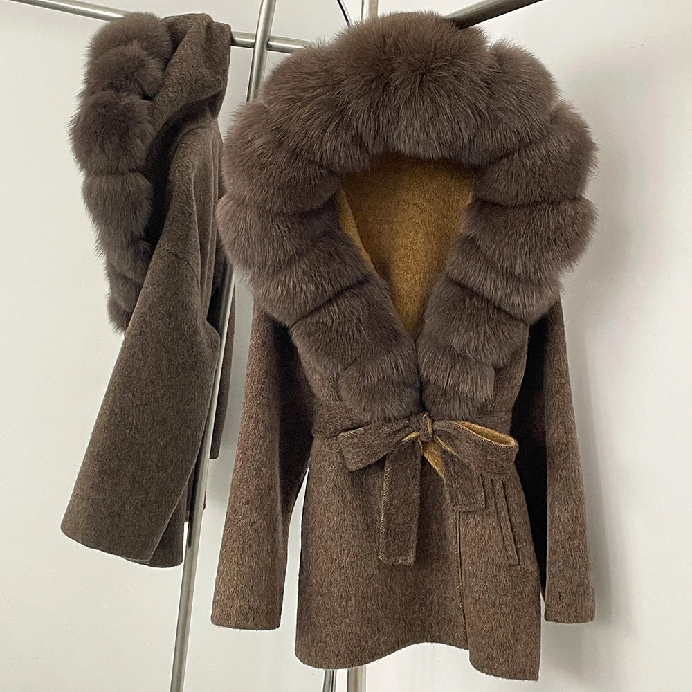 12 Colors Small Medium Size  New Winter Cashmere Wool Blends Women Natural Fox Fur Collar Hooded Slim Fit Suit Double Sided Woolen Trench Coat Women Winter Apparel Supplies