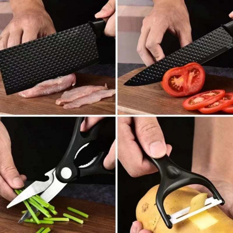 NEW 6 PCS Japanese Set Kitchen Sharp  Knife Set With Covered Handle Chef's Meat Cleaver Vegetable Fruit Knife Kitchen Scissors Set Outdoor Camping Grill Barbeque Cooking Tools Set