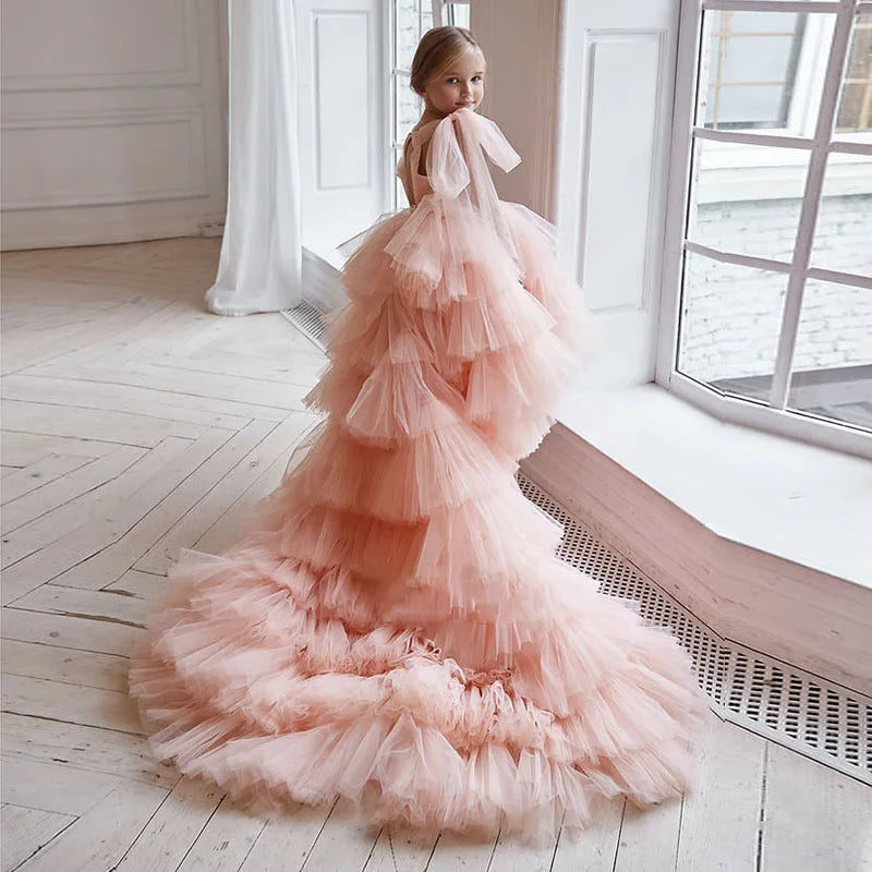 New Style Girls Luxury High Collar Back Ribbon Temperament Popular Short Front and Long Back Tail Chapel Train Princess Children's Bridesmaid Dress Evening Prom Party Mermaid Formal Bridal Gowns