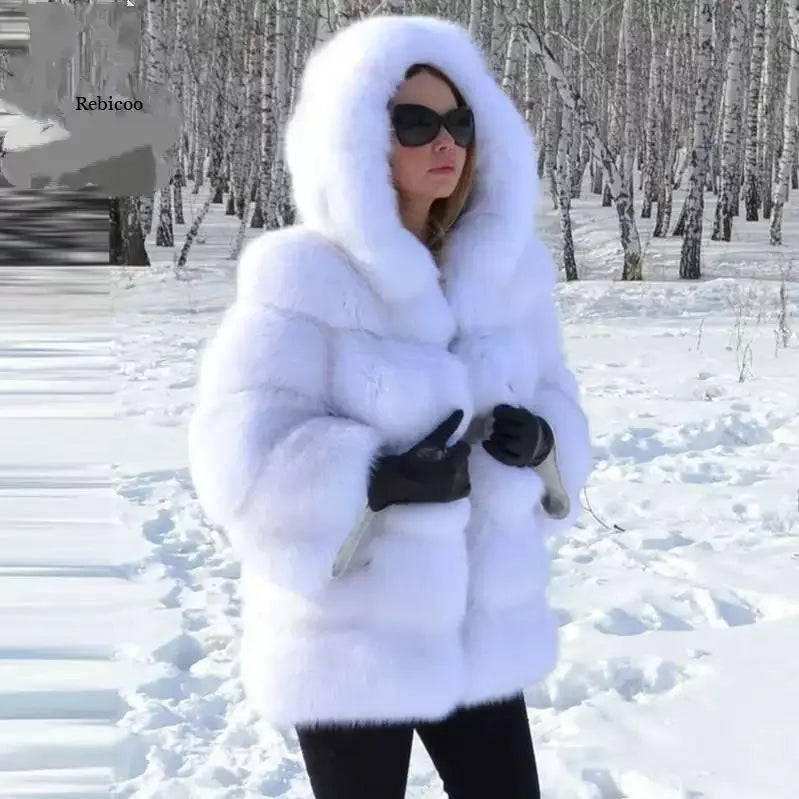 10 Colors S-4XL Plus Size Women's Winter Warm Faux Fur Jacket with Hat Splicing Jacket Faux Fur Hooded Jacket Top Quality Snow Boots Outerwear Jackets Women Winter Apparel Supplies