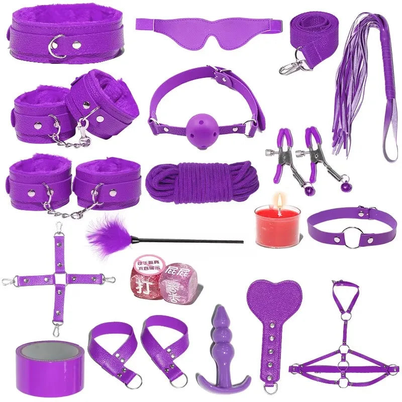 18 PCS Set 4 Colors BDSM  Fetish Sex Party Binding Handcuffs Leather Whip Anal Plug Adult Couples Intercourse Sex Toys Sex Play Tools Set