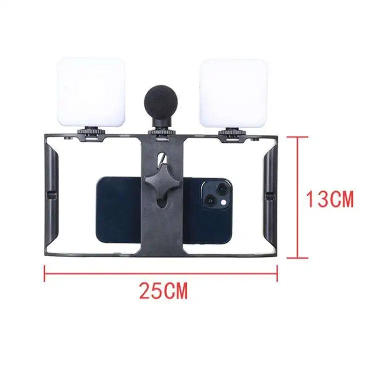 Handheld Phone Video Cage Kit Dual LED Fill Light Shotgun Wired Microphone Smartphone Rig for Vlogging Live Streaming Studio Content Creation YouTube TikTok Videos Maker Social Media Tools Set