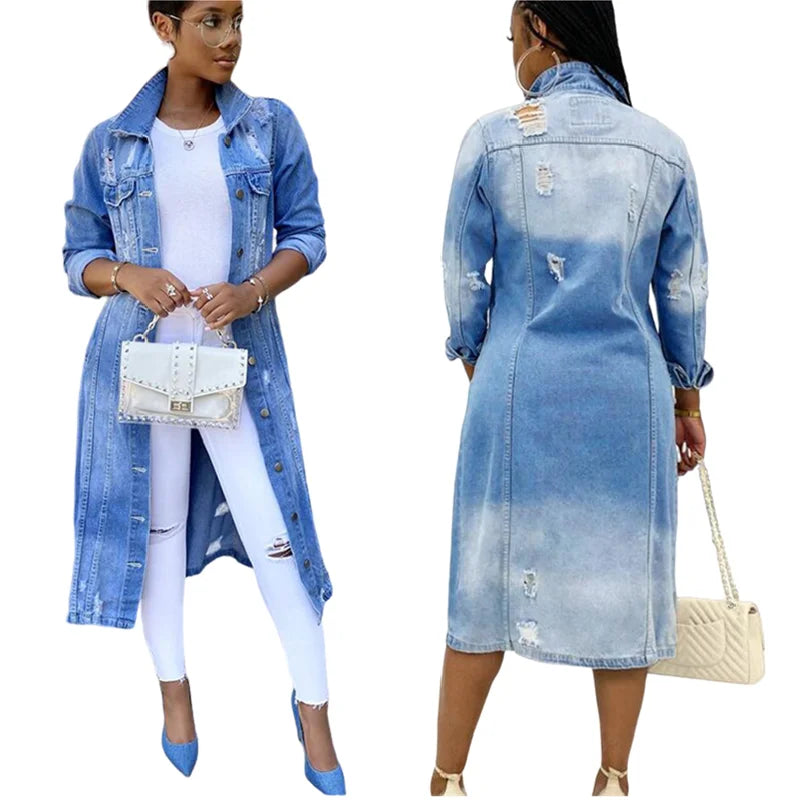3 Colors S-3XL  Autumn Spring & Winter Long Denim Trench Coat Holes Denim Jackets for Ladies Casual Long Jean Jackets for Women