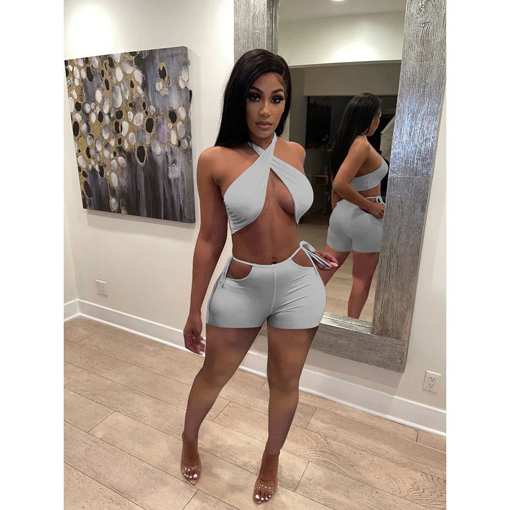 NEW Arrivals 2PCS Set 9 Colors Women Sexy Ruched Bandage Criss Cross Solid Hot Women Spring Summer Backless Evening Beach Party Night Club Crop Top and Shorts Matching Set