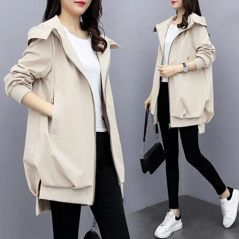 5 Colors S-3XL Women's Windbreaker Mid-Length Spring and Autumn New Korean  Version Casual Temperament Black Loose Hooded Fashion Coat Women Casual Clothing Supplies