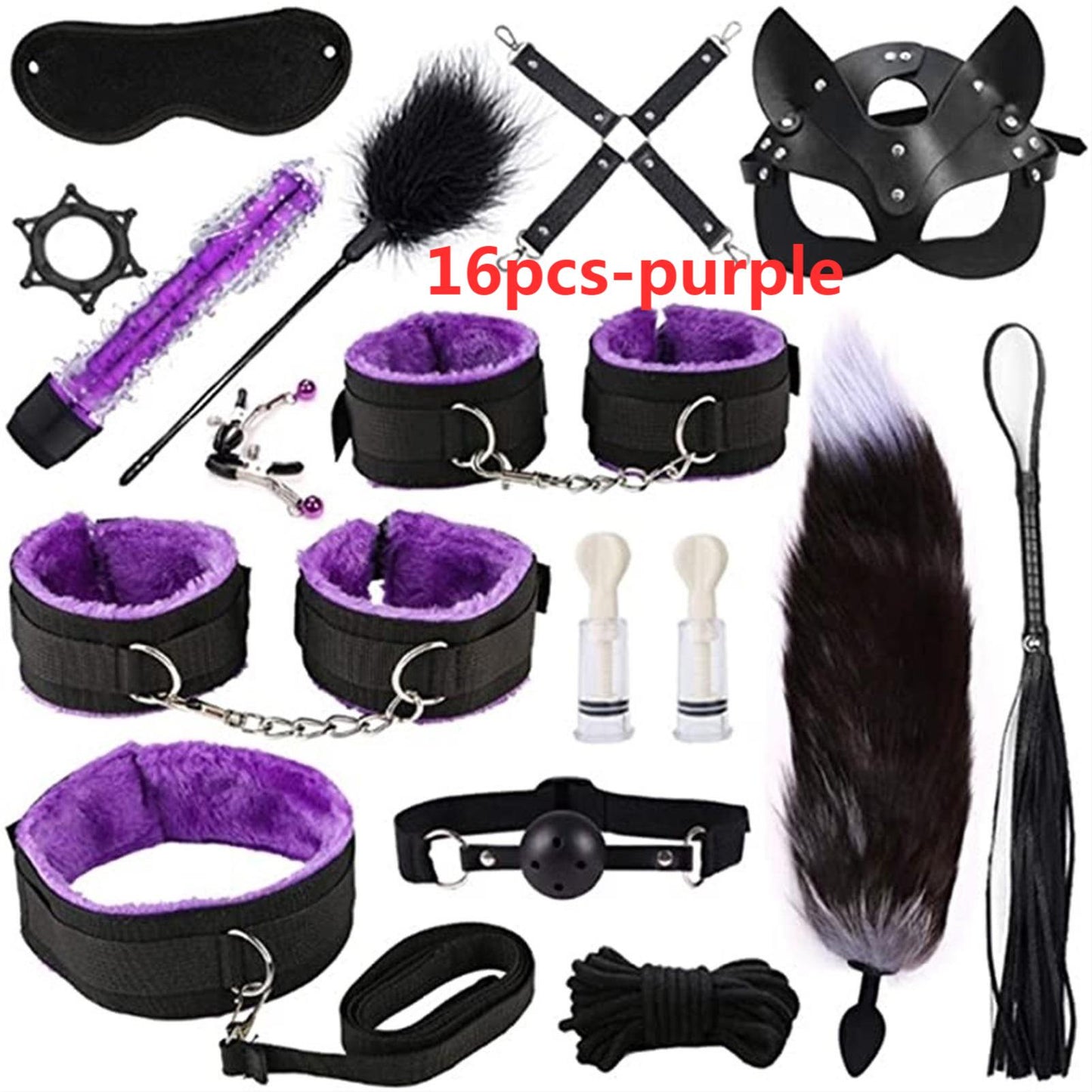 Adult leather plush bondage bundle set, gag, whip, butt plug, sex toys for women, nipple clips, erotic toys