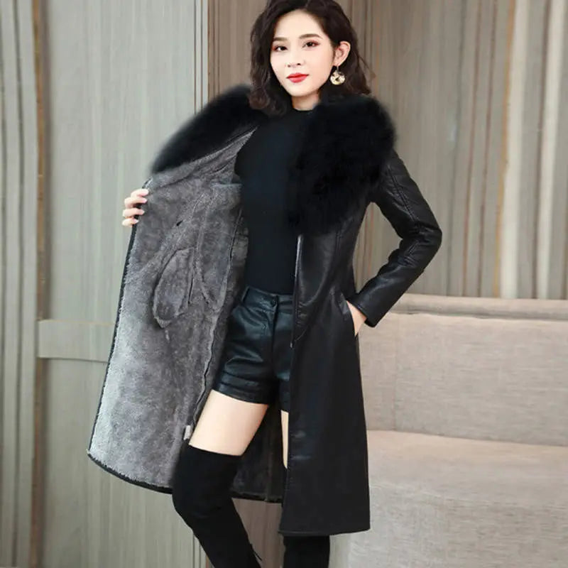 Black/Brown Color M-4XL Plus Size New Women Faux Leather Jacket for Winter Plus Velvet Warm Slim Big Fur Collar Long Leather Women's PU Leather Coat Female Snow Outerwear Winter Apparel Supplies