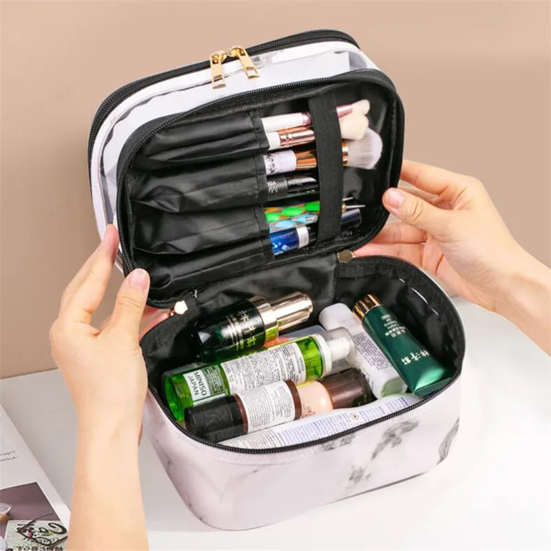 Luxury Black/White/Leopard Large Capacity Makeup Bag For Women Transparent PVC Double Layer Storage Wash Cosmetic Bag Waterproof Organizer Toiletry Cases Products Cosmetic Accessories Supplies