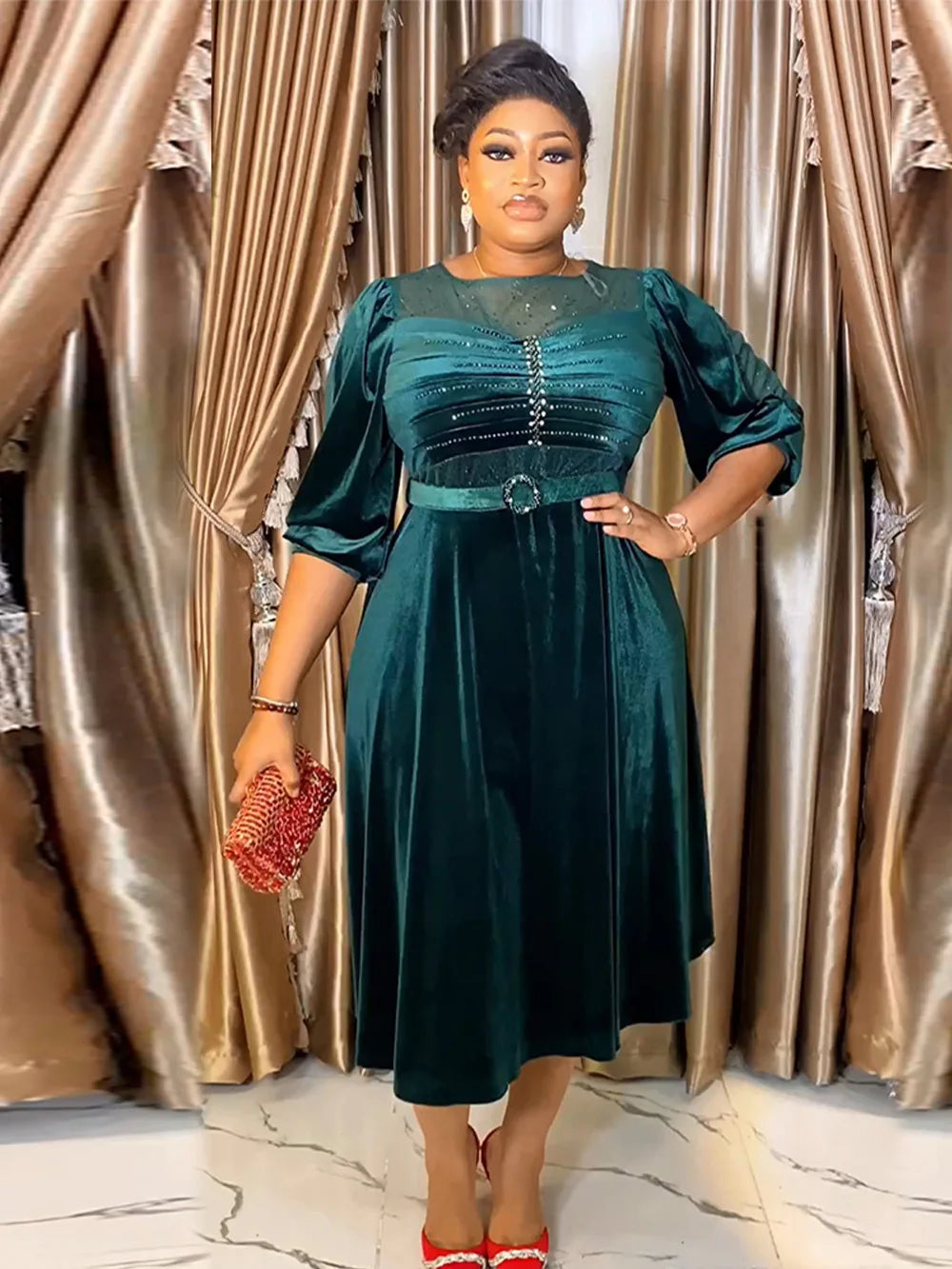 4 Colors L-3XL Plus Size African Ladies Luxury Velvet Wedding Guest Evening Prom Party Dresses New Dubai Evening Gown Dashiki Ankara Turkey Velvet Outfits Formal Gown African Women Luxury Apparel Supplies