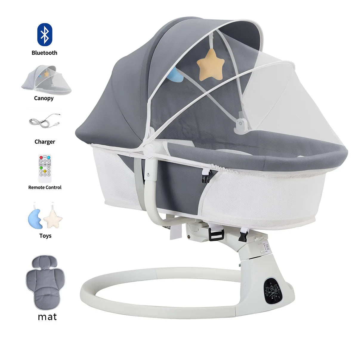 Electric Baby Rocking Chair with Canopy + Mosquito Net + Doll, USB Remote  Cross-border New-tyle Electric Baby Rocker Foldable Infant Swing Chair Smart Sleep-Inducing Crib Automatic Lullaby Device