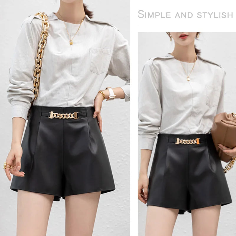 New Arrivals Black/Beige Color Spring Summer Autumn 100% Sheepskin Leather New Fashion Real Leather Shorts Pants High Waist Chain Evening Party Night Clubwear Mini Shorts Ladies Sexy Apparel Accessories