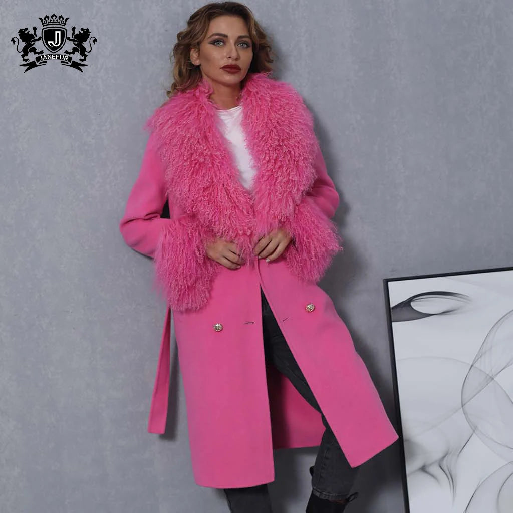10 Colors Autumn Winter  Wool Cashmere Lady Luxury Coat With Real Natural Soft Fox Fur Collar Wedding Guest Evening Party Ladies Luxury Apparel Supplies