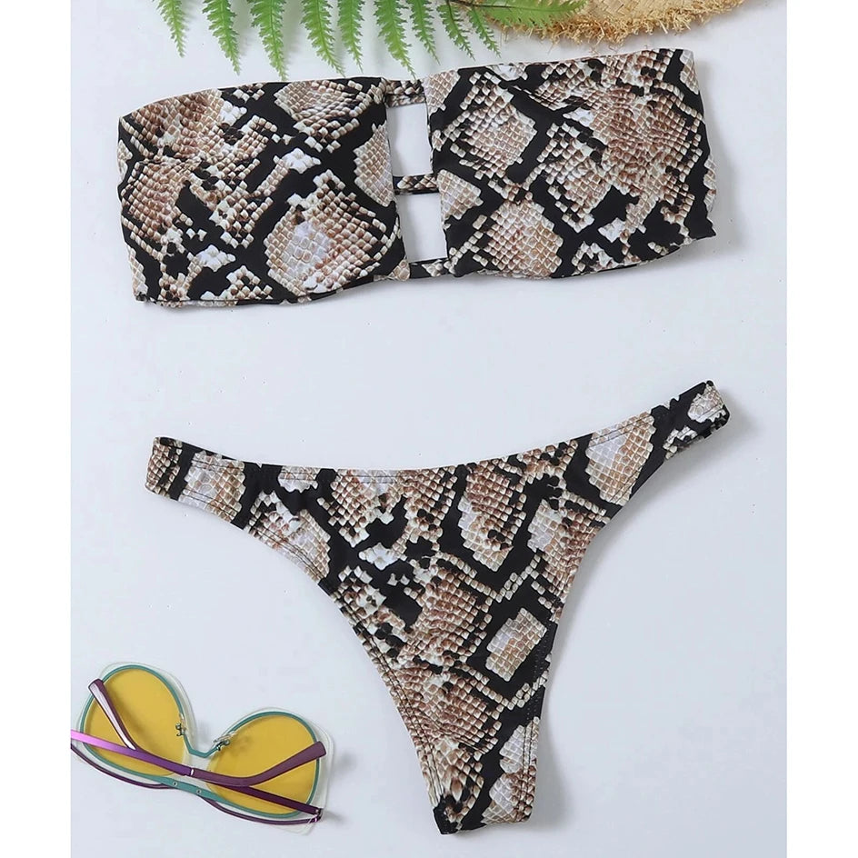 Sexy Snake Print Bikini Bandeau Swimsuit Women`s Swimwear Female 2 Piece Bikinis Set Thong Bathing Suit Women Beach Wear